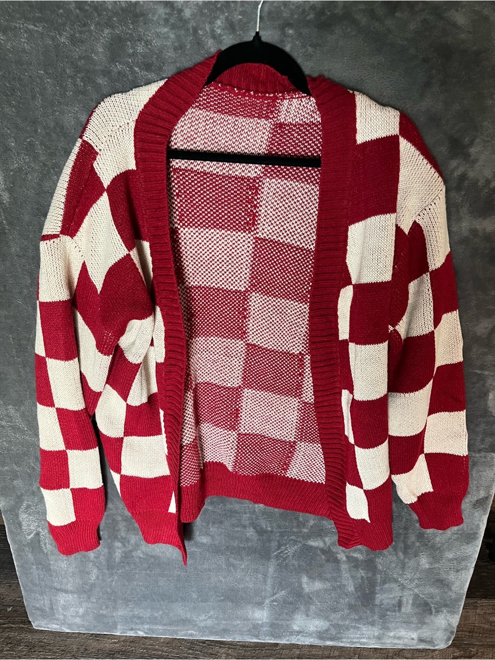 Red and Cream Checkerboard Open-Front Women's Cardigan